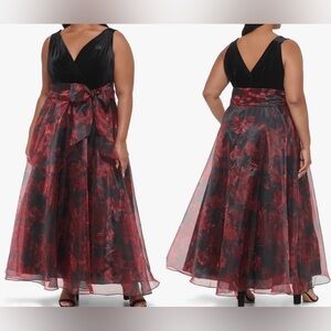 NEW ELIZA J V-Neck Mixed-Media Organza Floral Sleeveless belted Gown Sz 22w